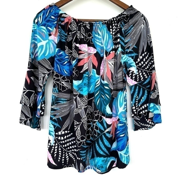 Venus top, raglan with 3/4 length bell sleeves, elasticized neckline, tropical - Picture 6 of 12